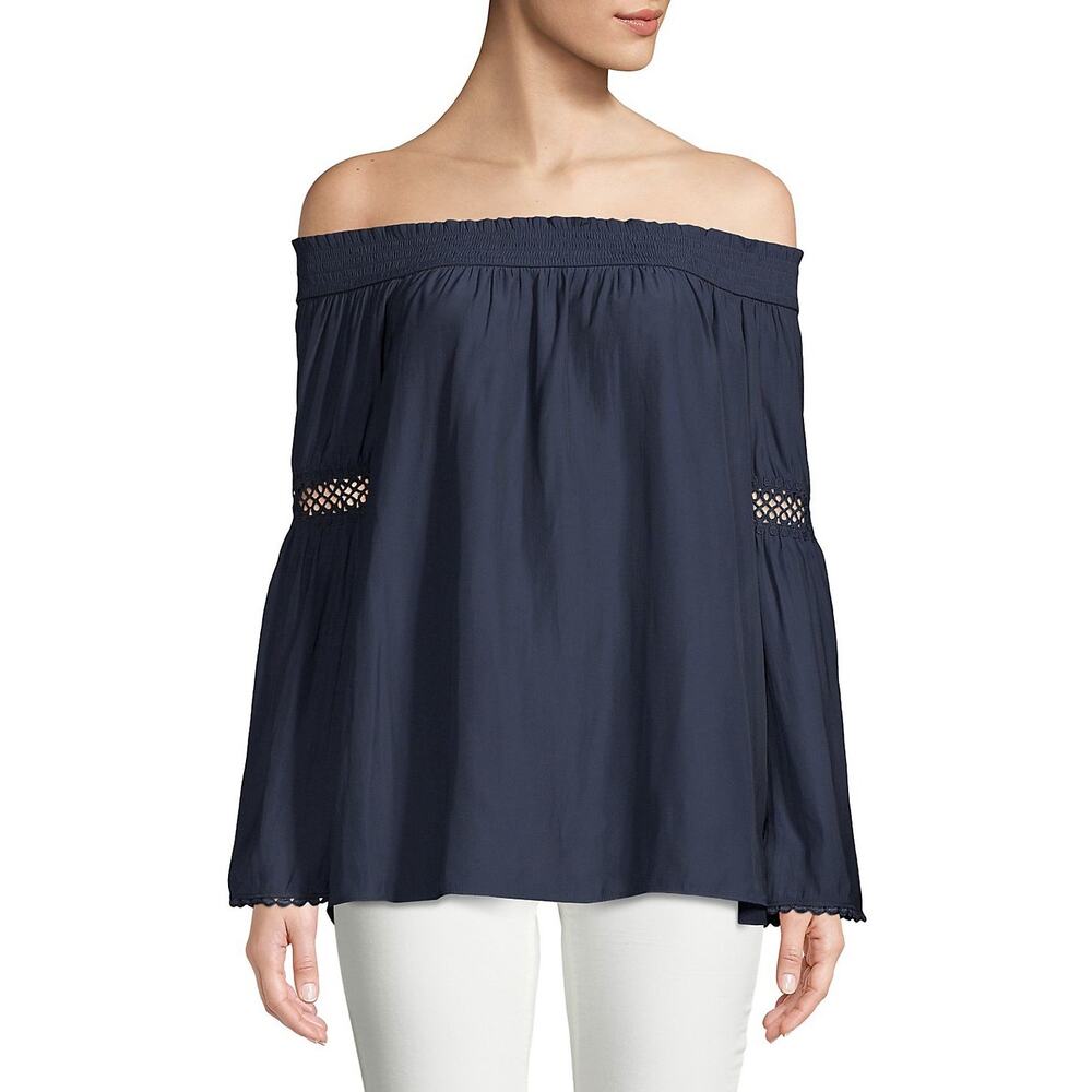 Ramy Brook Dalia Blouse Top Womens Medium Navy Blue Off The‎ Shoulder Boho NEW
